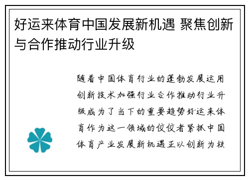 好运来体育中国发展新机遇 聚焦创新与合作推动行业升级