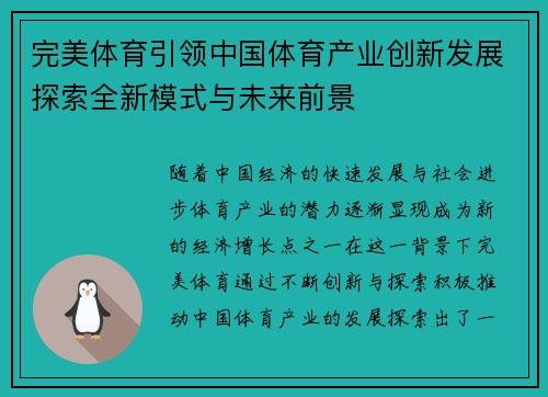 完美体育引领中国体育产业创新发展探索全新模式与未来前景